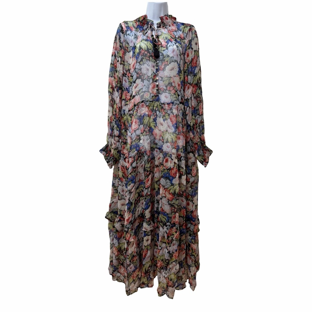 Anthropologie Marais Floral Tiered Chiffon Sheer Maxi Dress Size 2X Black NEW